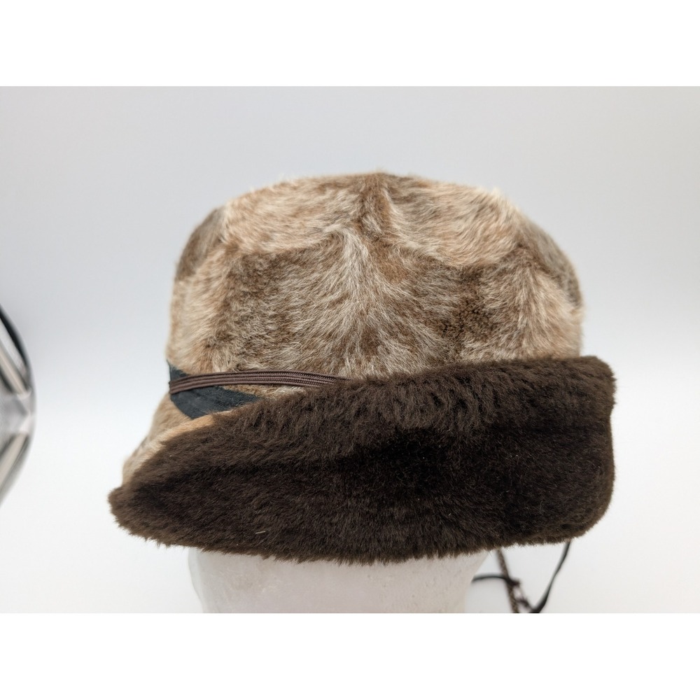 Vintage Brown Faux Fur Trapper Hat Quilted Lining Medium Ear Flaps Chin Strap